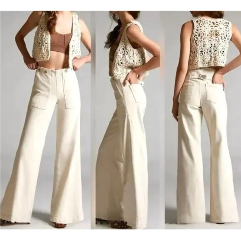 Pilcro The Kit High-Rise Wide-Leg Utility Trousers Size 30T Cream Cinch Retro